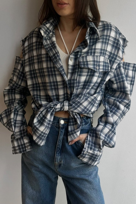 Синя картата оверсайз сорочка Cut Off Shoulders