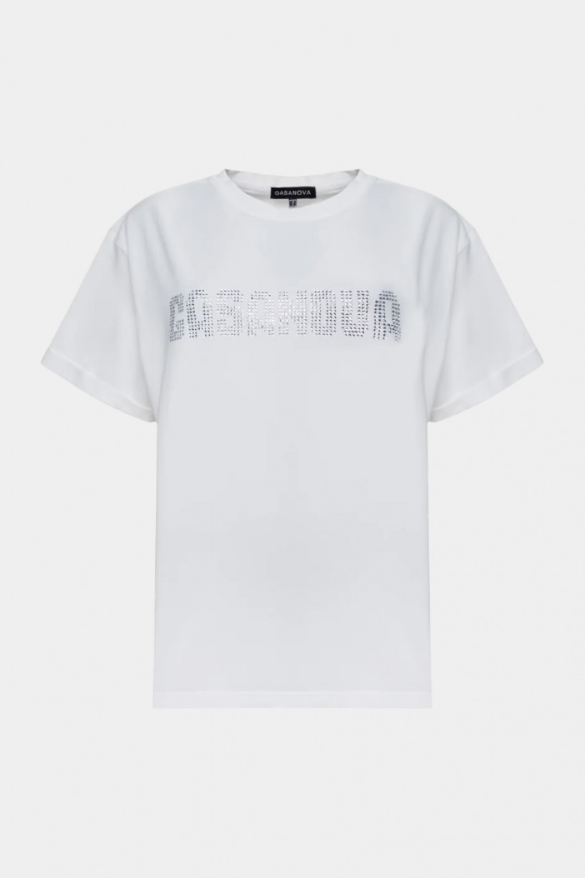 Біла футболка з великим стразовим логотипом 00Tee-s002C GASANOVA