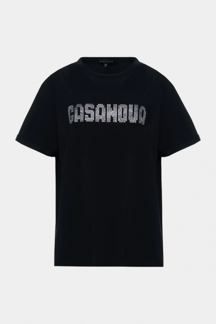 Чорна футболка з великим стразовим логотипом 00Tee-s002C GASANOVA