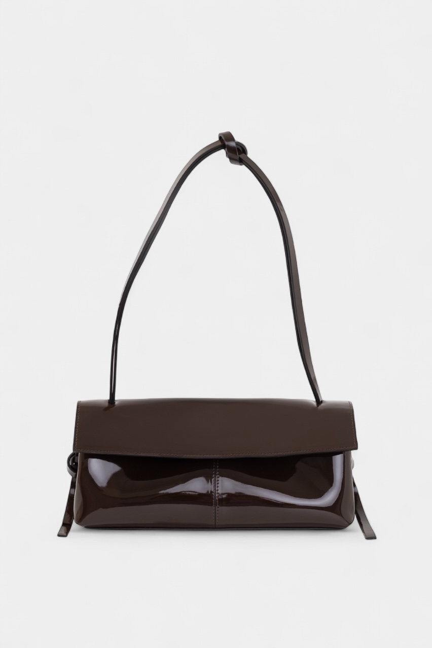 Шоколадная сумка Rebecca Baguette 29 L10058 Kachorovska (лакированная кожа, серебристая фурнитура)