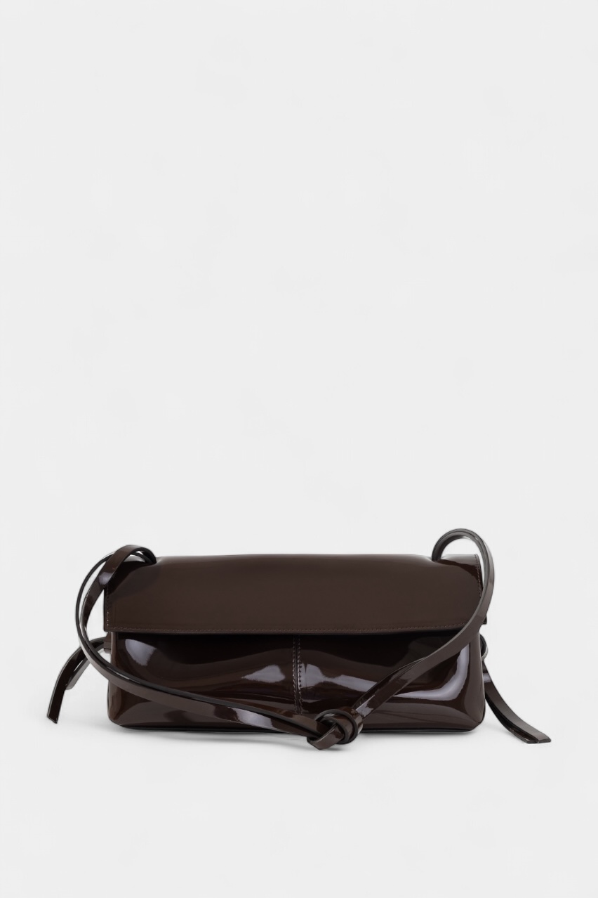 Шоколадная сумка Rebecca Baguette 29 L10058 Kachorovska (лакированная кожа, серебристая фурнитура)