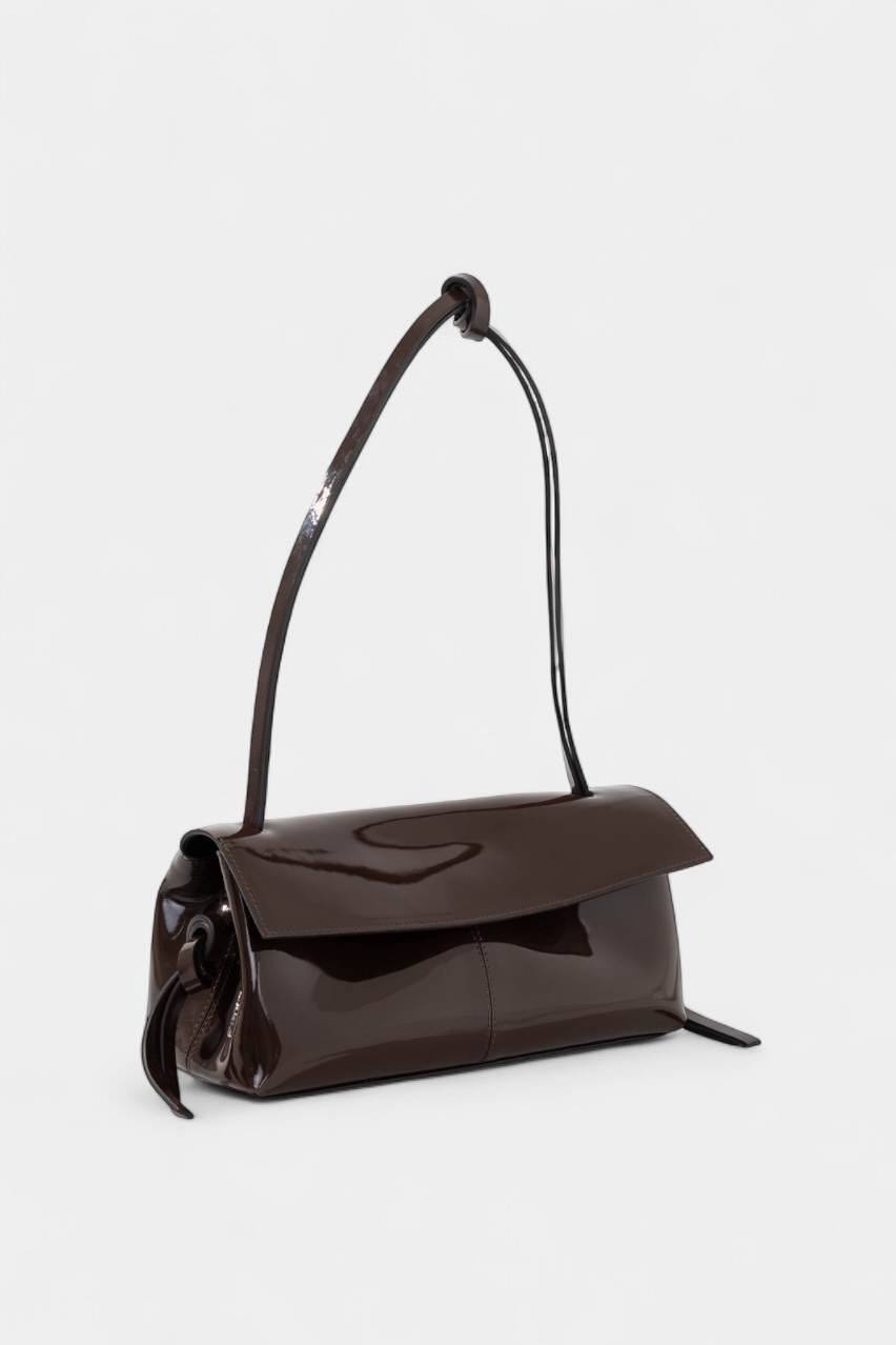 Шоколадная сумка Rebecca Baguette 29 L10058 Kachorovska (лакированная кожа, серебристая фурнитура)