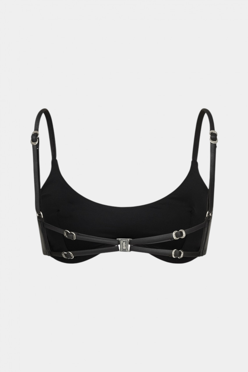 Чорний верх від купальника Pirsing Leather зі срібною фурнітурою MISSTIC
