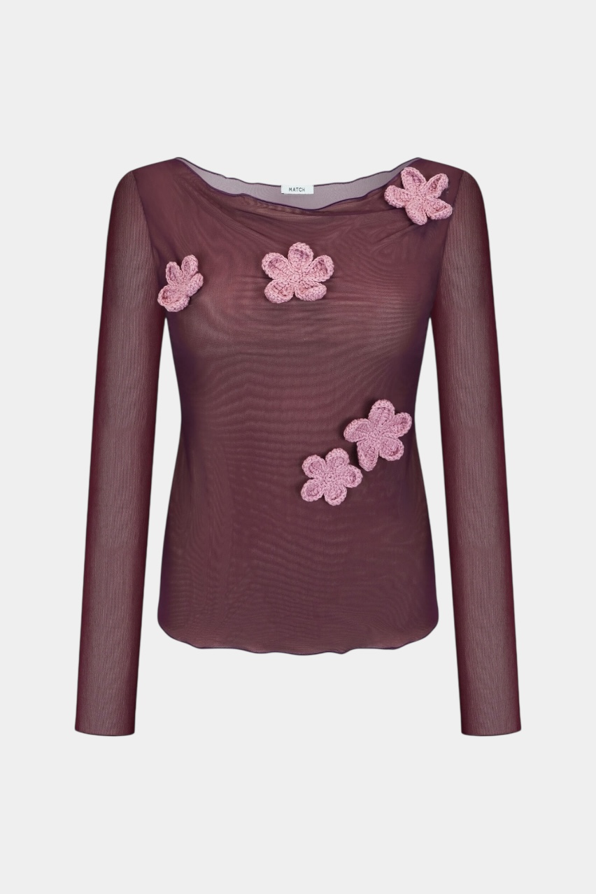 Бордовий лонгслів з вʼязаними квітами sp25-grape-crblouse MATCH DENIM