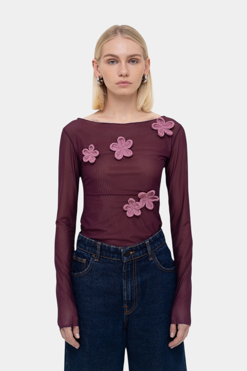 Бордовий лонгслів з вʼязаними квітами sp25-grape-crblouse MATCH DENIM
