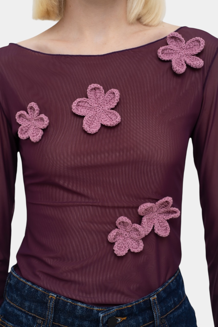 Бордовий лонгслів з вʼязаними квітами sp25-grape-crblouse MATCH DENIM