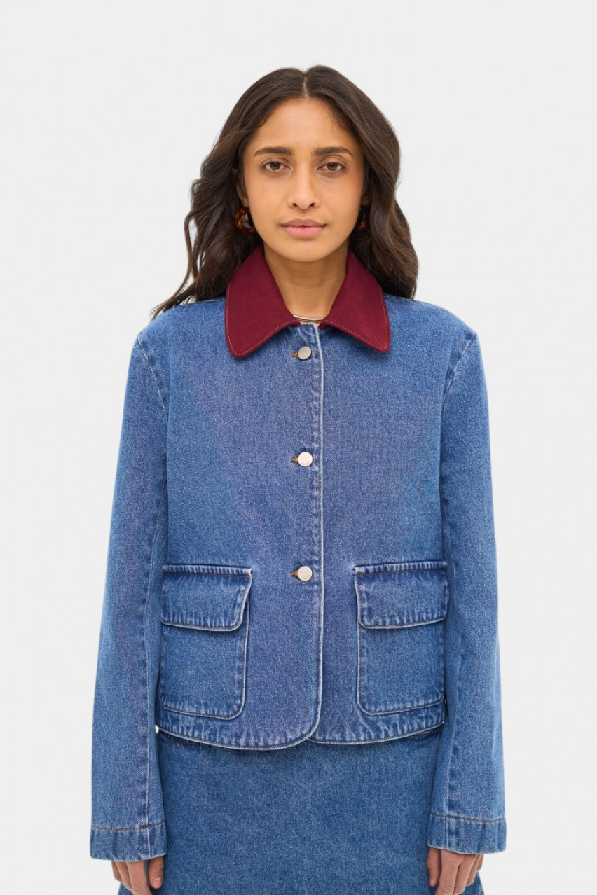 Синя джинсова куртка з бордовим коміром sp25-jacket-blue MATCH DENIM